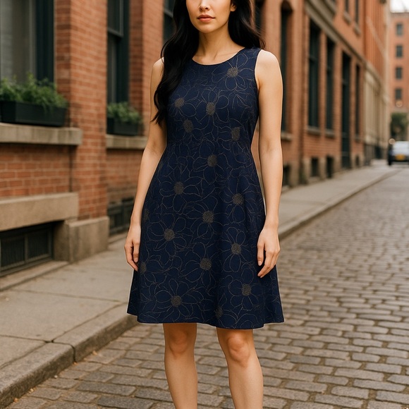 Essentials by A.B.S. Navy Blue Gold Floral Sleeveless Dress Size 12 Cotton - Picture 1 of 5